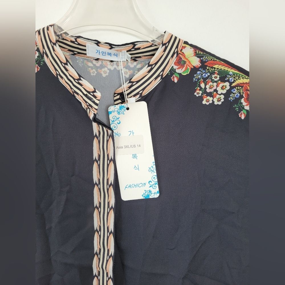 NEW Black Floral Abstract Blouse Top Asian Office Career Boho Indie Oriental 14 - Picture 11 of 12